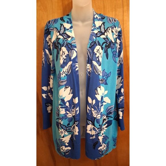 Chico's Summer Blue Floral Topper Cardigan top Size 1 (M) Open Front - Picture 1 of 4